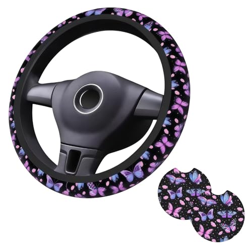 Purple Butterfly Steering Wheel Cover - Beauty Butterfly Wheel Cover Anti-Slip Breathable Universal for 15 Inch Car Steering Wheel Cover with 2 Pieces Car Coasters Suitable for Men Women - color: Purple Butterfly1