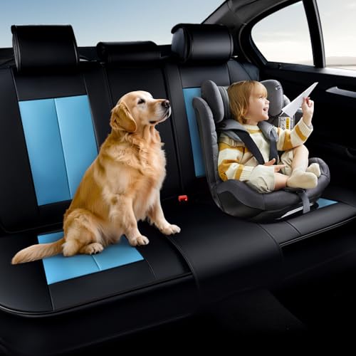 Coverado Back Leather Car Seat Covers for Trucks, Rear Seat Covers for Cars, Automotive Seat Covers Back Car Seat Cover, 3-Pieces Waterproof Nappa Leather Car Seat Cushion Protector, Black&Blue - color: Black&Blue