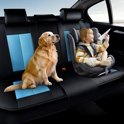 Coverado Back Leather Car Seat Covers for Trucks, Rear Seat Covers for Cars, Automotive Seat Covers Back Car Seat Cover, 3-Pieces Waterproof Nappa Leather Car Seat Cushion Protector, Black&Blue - color: Black&Blue