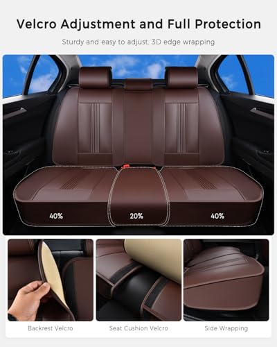 Huidasource Brown Back Seat Cover, Nappa Leather Rear Seat Cover with Ventilation Holes, Velcro Adjustable, Compatible with Seat Belts, Child Safety Seats, Fit for Most Cars SUV Truck, Brown - color: R# Brown, size: Back Seat Cover