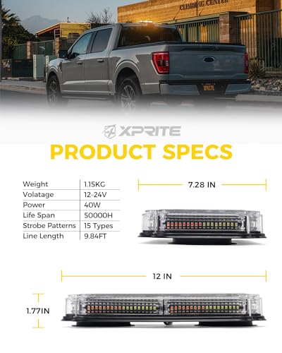 Xprite 300% Bright 108 LED Roof Top Strobe Light, US Flag Pattern Emergency Safety Warning Mini LED Strobe Lightbar w/Magnetic Base for 12-24V Construction Vehicles, Trucks, Snowplows, Amber White - color: Amber White