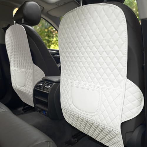 SUTSU Kick Mats Back Seat Protectors - Premium Leather Car Seat Back Protector with 2 Storage Pocket, Fits Most Cars - Stylish Car Interior Decor Accessories for Women & Girls 2Pcs (White-Long) - color: White-long