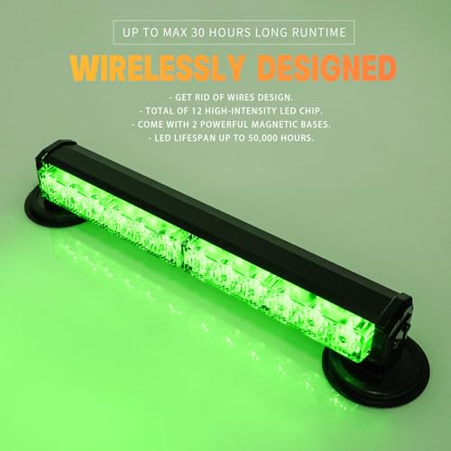 13.5" Green Battery Powered Police Firefighter Emergency Strobe Lights Bar for Trucks/Vehicles Rechargeable Wireless Rooftop Mini Hazard Flashing LED Beacon Warning Light w/Magnetic Base - color: Green