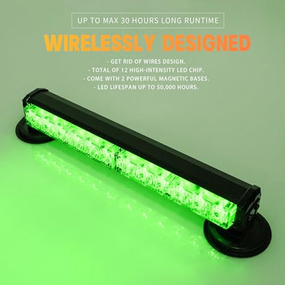 13.5" Green Battery Powered Police Firefighter Emergency Strobe Lights Bar for Trucks/Vehicles Rechargeable Wireless Rooftop Mini Hazard Flashing LED Beacon Warning Light w/Magnetic Base - color: Green