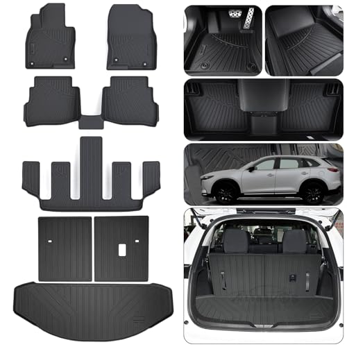 Floor Mats & Trunk Mat & Backrest Mat (Only Fit Sport Version) for 2016-2022 2023 Mazda CX-9 CX9 (6 Seats-2 Row Bucket Seat),TPE All Weather Protection Floor Liners & Cargo Liners - size: 2016-2023 CX9 mats-6 Seats-Sport