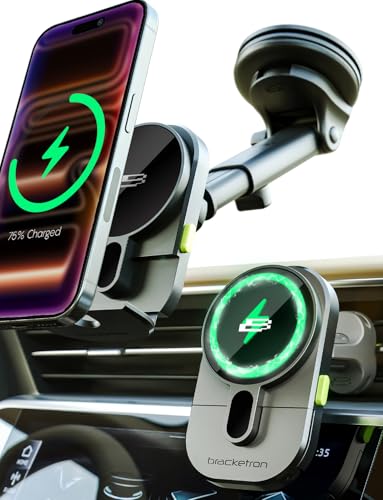 Bracketron MagAlign Extend 15W Magsafe Car Mount Charger, Magnetic Car Phone Holder Charger Wireless Car Charger for iPhone 17 Pro Max 16 15 14 13,Vent/Windshield/Dash Phone Mount Holder Fast Charger