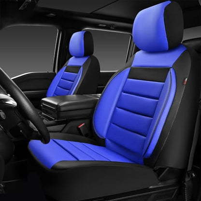 CAR PASS Leather Car Seat Covers Front Seats Only, Universal Fit Automotive Interior Waterproof 3D Foam Back Support Car Seat Covers for Trucks Vans and SUVs Airbag Compatible 2 Pieces Black Blue - color: Blue Black