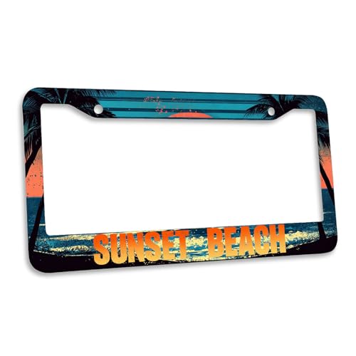 Sunset Beach License Plate Frame Summer Vintage Tropical Tropical Palm Personalise Stainless Steel Funny Design Compatible with Standard License Plate Holder for USA and Canada 6.3 x 12.2 in - color: Sunset Beach, size: 6.3 X 12.2 In-1PC