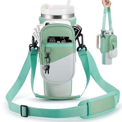 BULKITEM Water Bottle Carrier Bag with Phone Pocket for Stanley 40 & 30 oz Tumbler with Handle,Pink Insulated Neoprene Cup Holder Pouch w/Adjustable Strap for Quencher H2.0 Stanley Cup Accessories - color: Gradient green, size: 30oz