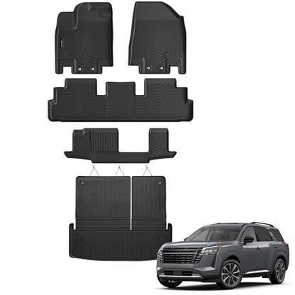 Auxko All Weather Floor Mats Cargo Mat Back Seat Mat Fit for Nissan Pathfinder 7&8 Seat 2026 2025-2022 TPE Floor Liner Trunk Mat Pathfinder Accessories All Season Odorless Anti-Slip Black - size: 1) pathfinder 8p|2022-2026|all set
