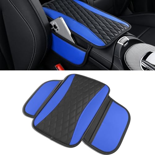 Leather Car Center Console Cover with Side Pockets, Upgraded Arm Rest Cover for Car Seat Organizer, Middle Console Cover Stylish Car Decoration, Universal for Most Vehicles (Blue) - color: Blue