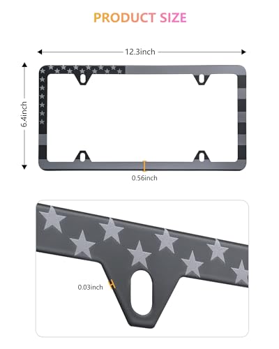 American Flag License Plate Frames - 2 Pack Black Stainless Steel Patriotic USA Car Tag Frame with UV-Printed Flag & 3D Metal Decals - style: Grey-Stainless steel-Slim