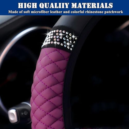 Soft Leather Car Steering Wheel Cover, Universal 15 Inch Colorful Rhinestones Anti-Slip Elastic Steering Wheel Covers for Most Cars, Sparkly Crystal Diamond for Women Girls (Purple) - color: Purple
