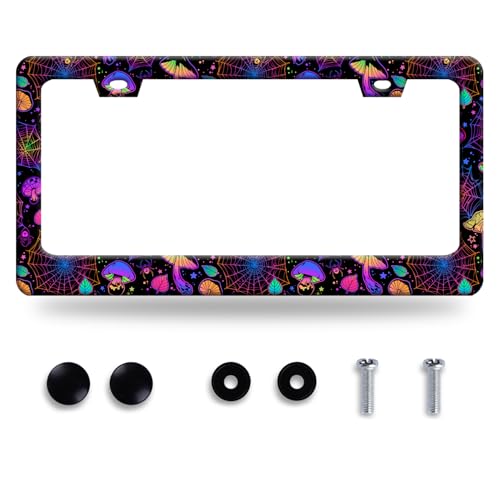 Hippie Mushroom License Plate Frame Mushrooms License Plate Stainless Steel Funny License Plate Holder Colorful Car Accessory with Screws Car Decoration 12.3" x 6.3" for Men Women - color: Colorful Hippie Mushrooms