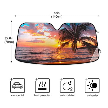 Palm Trees Beautiful Sunset on The Tropical Sea Beach Car Windshield Sun Shade Blocks UV Rays Sun Visor Protector Foldable Sun Reflector to Keep Your Vehicle Cool - color: Beach Sunset 2