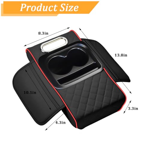 Car Center Console Armrest Box Mat, Nappa Leather Armrest Box Cover with Tissue Box, Cup Holder & Phone Holder, Middle Console Arm Rest Protection Pillow, Universal Fit (Black/Red) - color: Black/Red