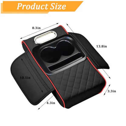 Car Center Console Armrest Box Mat, Nappa Leather Armrest Box Cover with Tissue Box, Cup Holder & Phone Holder, Middle Console Arm Rest Protection Pillow, Universal Fit (Black/Red) - color: Black/Red