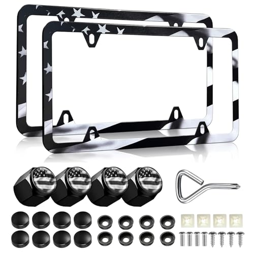 LIN KANG Black American Flag License Plate Frames - 2 Pack Patriotic Aluminum Metal Rust-Proof US Flag Car Decorative Tag Plate Frame Holder Covers with 4 Fluttering Flag Tire Valve Caps and Screws - color: Black US flag A