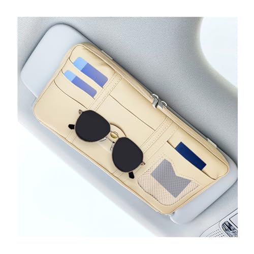 Car Sun Visor Organizer, Multi-Pocket Leather Vehicle Visor Storage Pouch & Sunglasses Holder, Auto Interior Document Card Holder with Double Zipper, Universal for Truck SUV Sedan (Beige) - color: Beige