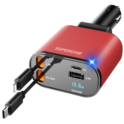 SUPERONE 【Upgraded】 Retractable Car Charger 4 in 1, Fast Car Phone Charger with Cord 2.6ft, USB C and Apple Car Charger Adapter, Compatible with iPhone 17/16/15/15 Pro Max/14/13/12/11, Galaxy, Pixel - color: Red