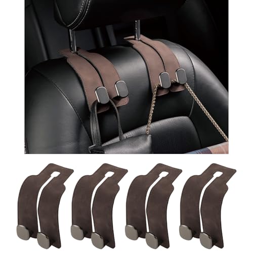 KINIVA Car Seat Headrest Storage Hooks, Set of 2, Suede PU Leather, Double Hooks (Brown-4 Pack) - color: Brown-4 pack