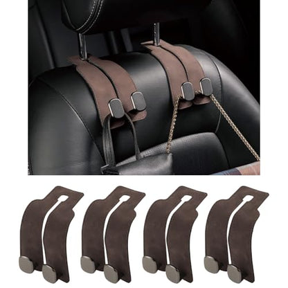 KINIVA Car Seat Headrest Storage Hooks, Set of 2, Suede PU Leather, Double Hooks (Brown-4 Pack) - color: Brown-4 pack