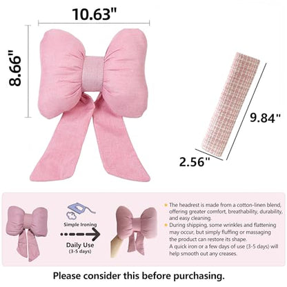 Car Seat Neck Pillow Elegant Bow Car Headrest Pillow Set - Cotton Linen Neck Cushion Universal Fit for Women Comes with 2 Seat Belt Covers (Pink Set 4Pcs) - color: Pink Set 4pcs