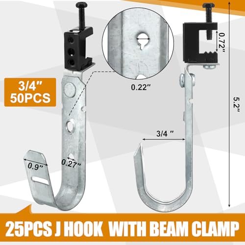 Blulu 25 Pcs Cable Support J Hook with Beam Clam Swivel Heavy Duty Metal Hangers for J Hook Hanging Cable Management Organizing Wire G60 Galvanized Steel (3/4 Inch) - size: 3/4 Inch