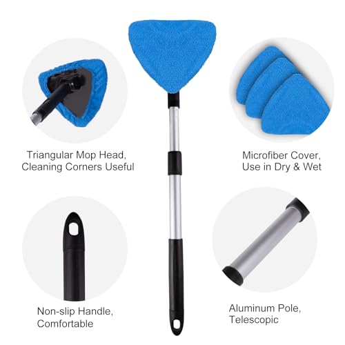 BITOPE All-in-One Car Windshield Cleaner Kit | Extendable Tool with 3 Reusable Microfiber Pads & Spray Bottle for Interior & Exterior Window Cleaning on Cars, SUVs, Trucks - color: Dark Blue