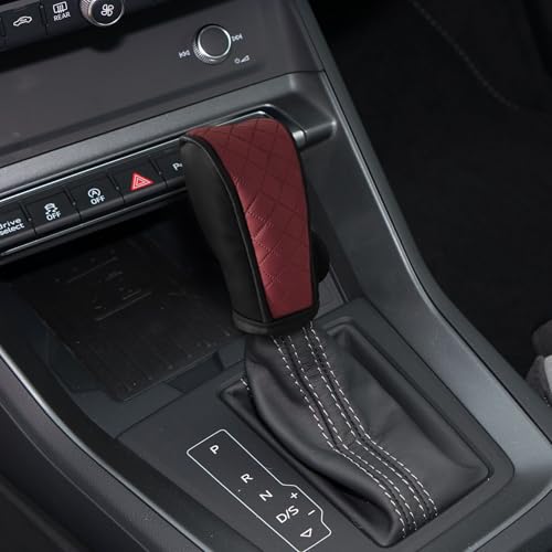 Leather Car Gear Shift Knob Cover, Shift Knob Cover, Upgraded Anti-Slip Design Stick Shift Knob Cover, Universal Shifter Lever Protector Cover Car Decoration Accessories for Cars, Trucks, SUVs - color: Black/Wine red