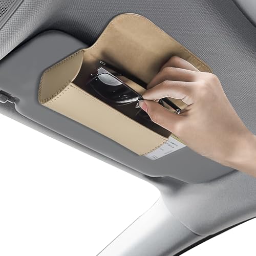 Sunglasses Holder for Car Sun Visor, Leather Auto Eyeglasses Storage Case with Hidden Magnetic Closure, Universal Protective Glasses Organizer Box, Visor Accessories for Woman Man (Beige) - color: Beige