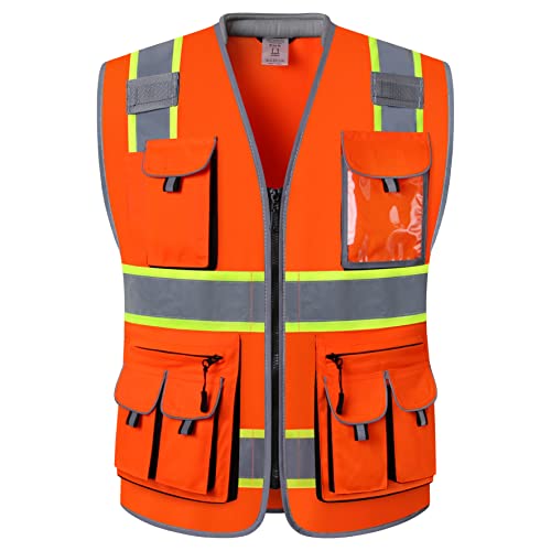 JKSafety 10 Pockets Class 2 Hi-Vis Zipper Front Safety Vest | Cushioned Collar | High Reflective Tapes with Extended Neon Yellow Strips | Meets ANSI/ISEA Standards (Medium, 89-Orange) - color: Oranget1s1, size: Medium