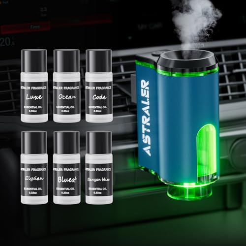 Smart Car Air Freshener Diffuser – Auto On/Off Aromatherapy Diffuser with 3 Scent Modes, USB Rechargeable, Vent Clip, 6 Essential Oil Refills Included – Long-Lasting Fragrance, Car Decor & Gift