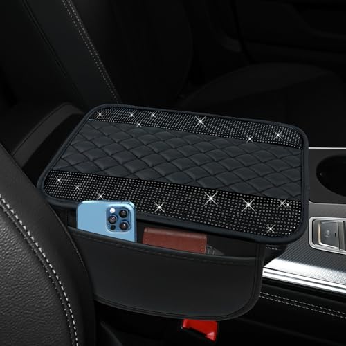 Bling Leather Car Center Console Cover, 12.2"×7.48" Crystal Rhinestone Automotive Arm Rest Cover with Side Pockets, Universal Vehicle Armrest Protector, Interior Car Accessories (Black) - color: Black
