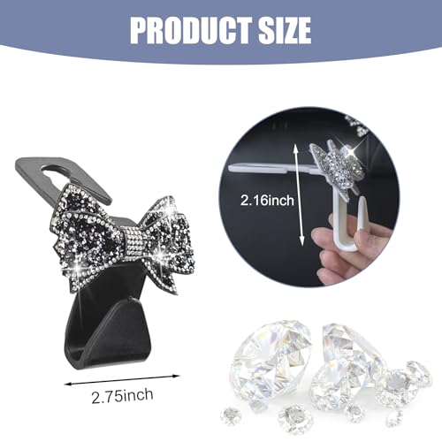 2 PCS Bling Bow Car Seat Headrest Hooks, Cute Rhinestone Bow Seat Back Hanger, Universal Vehicle Rear Seat Crystal Hook for Handbag, Clothes, Coats, Grocery Bags (Black) - color: Black