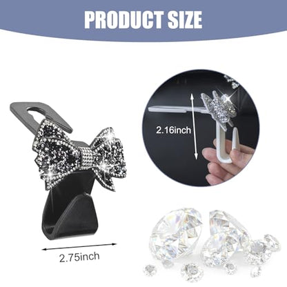 2 PCS Bling Bow Car Seat Headrest Hooks, Cute Rhinestone Bow Seat Back Hanger, Universal Vehicle Rear Seat Crystal Hook for Handbag, Clothes, Coats, Grocery Bags (Black) - color: Black