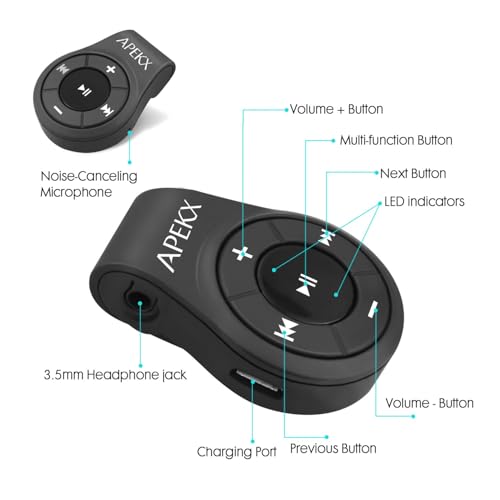 APEKX Clip Bluetooth Audio Adapter for Headphones, Headset, Speaker, Wireless Receiver with MIC for Hands-Released Call and Music