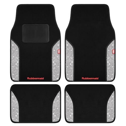 Rubbermaid Bling Car Mats, Carpeted Floor Car Mat with Faux Leather & Built-in Heel Pad, Two-Tone Car Rug Floor Mats, Stylish Carpeted Floor Mats for Cars, Trucks & SUVs Glitter Sliver Color - color: Glitter Silver