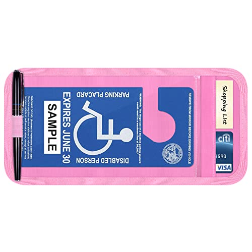 Handicap Placard Holder for Auto, Wisdompro Disabled Parking Permit Sign Protector for Car Sun Visor with Note Paper Slot, Pen Holder and Elastic Strap - Pink - color: Pink