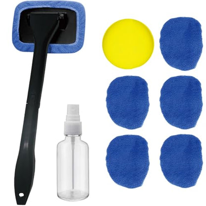 8pcs Car Windshield Cleaning Tool, Windshield Cleaner with with 5 Little Microfiber Pads that can be Washed/reused, Window Cleaner Tool, for Auto Glass Wiper (Blue) (Blue) - color: blue