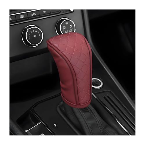 Car Gear Shift Cover, Leather Anti-Slip Waterproof Vehicle Stick Shifting Handle Protector, Breathable Automotive Interior Gear Shifter Knobs Decorative Cover, Universal Fit (Wine Red) - color: Wine Red