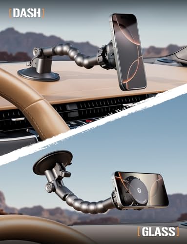 ToughTested MagTough Python Magnetic Phone Holder for Car, MagSafe-Compatible Dashboard & Windshield Mount with Flexible Arm, Suction Cup Base, 360° Rotation for iPhone & Magnetic Cases
