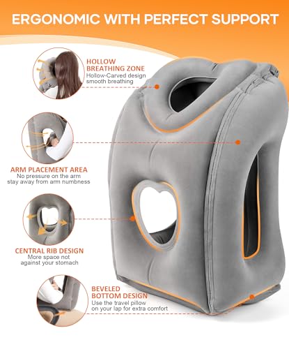 Sunany Travel Pillow, Upgraded Plane Pillow for Long Flights, Inflatable Neck Pillow Used for Airplanes,Cars,Buses,Trains,Office Napping with Eye Mask,Earplugs (Gray) - color: Grey (Head Heart-shape&sloping Base)