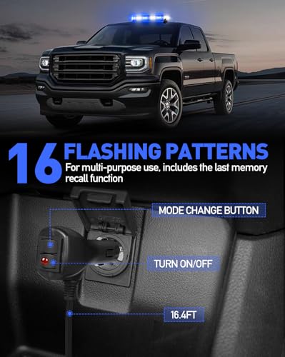 HLauto 406D Rooftop Emergency Strobe Lights Bar, 102 LED Blue White Mini Beacon Safety Flashing Warning Traffic Lights Bar w/Magnetic Base for 12-24V Trucks, Construction Vehicles, Snowplow, Cars - color: Blue/White