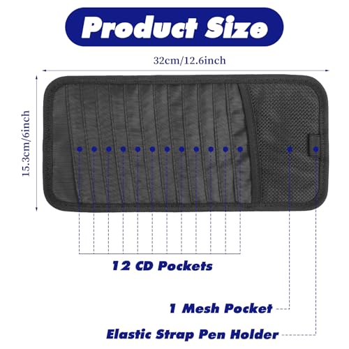 Car CD Holder DVD Vehicle Visor Storage Organizer Black Large Capacity CD Visor Case with 12 DVD Storage Sleeves, 1 Mesh Pocket, 1 Pen Loop & Elastic Strap
