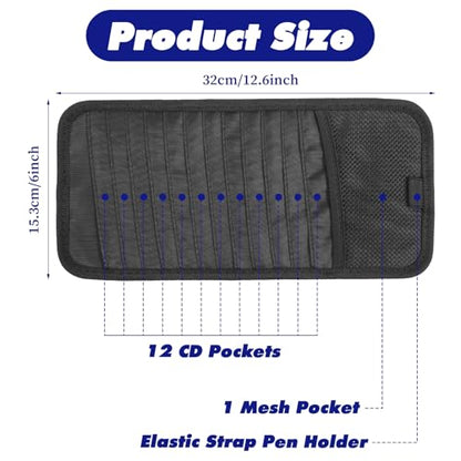 Car CD Holder DVD Vehicle Visor Storage Organizer Black Large Capacity CD Visor Case with 12 DVD Storage Sleeves, 1 Mesh Pocket, 1 Pen Loop & Elastic Strap