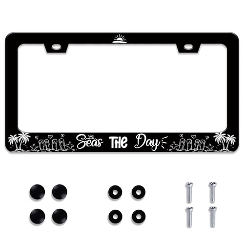 Personalized License Plate Frame Seas The Day Stainless Steel Accessory Hawaiian License Plate Holder Funny Car Decorative 2 Holes Screws Fits Us Standard License Plates 12.2 X 6.3 in for Men Women - color: Seas The Day