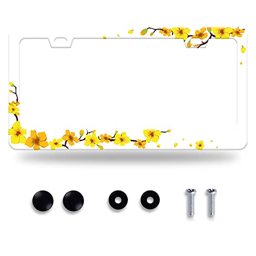 Beautiful Yellow Flowers License Plate Frame Cute Floral License Plate Stainless Steel Auto Parts Colorful License Plate Funny Decorative with Screws Size 12.3" x 6.3" Men Women - color: Beautiful Yellow Flowers Floral