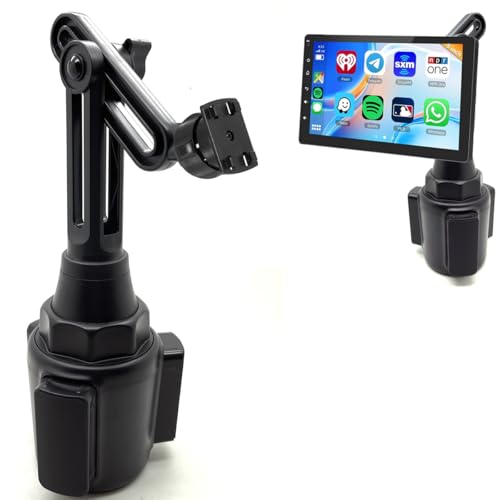 LycoGear Drinks Cup Holder Car Mount for Portable 8" 9" 10" inch CarPlay Screens w/Adjustable Height & Movable Arm (4 Prong Connector)