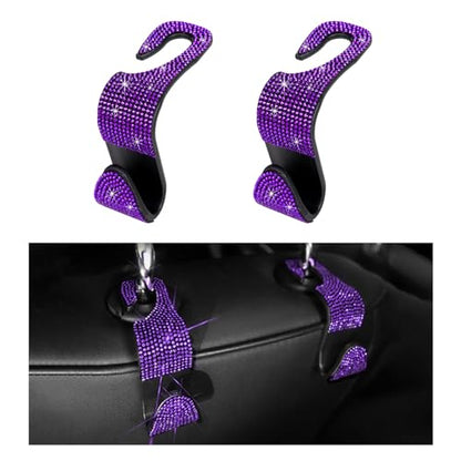 2PCS Bling Car Seat Headrest Hooks, Auto Back Seat Hanging Storage Organizer for Purse Handbag Coat, Rhinestone Vehicle Seat Hanger Holder for Women Girls, Car Accessories (Purple) - size: 2 PCS